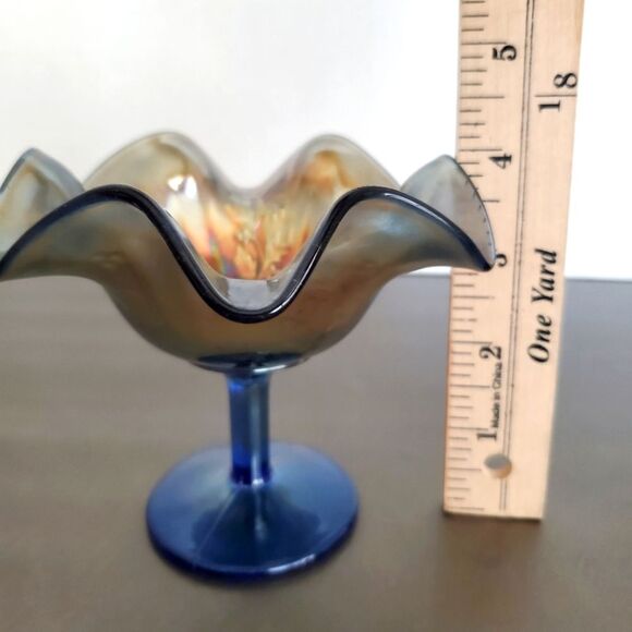 Vintage Fenton Cobalt Carnival Glass Ruffle Compote Rib Holly Footed Jelly Dish - Picture 8 of 8